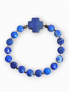 Hand Crafted Lapis Cross Bracelet Blue Faceted Coin Titanium Pyrite Size 7.5 In